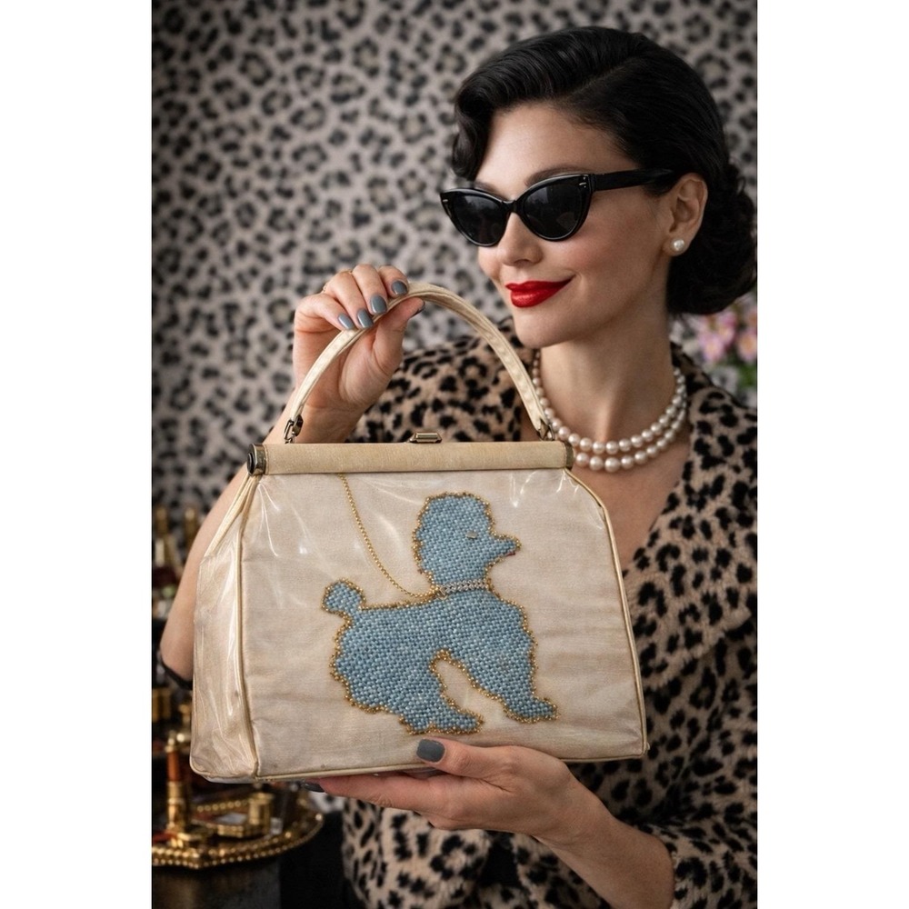 1950s Lucite Clear Plastic Poodle Purse Blue Beaded Dog‎ Handbag MCM kitch